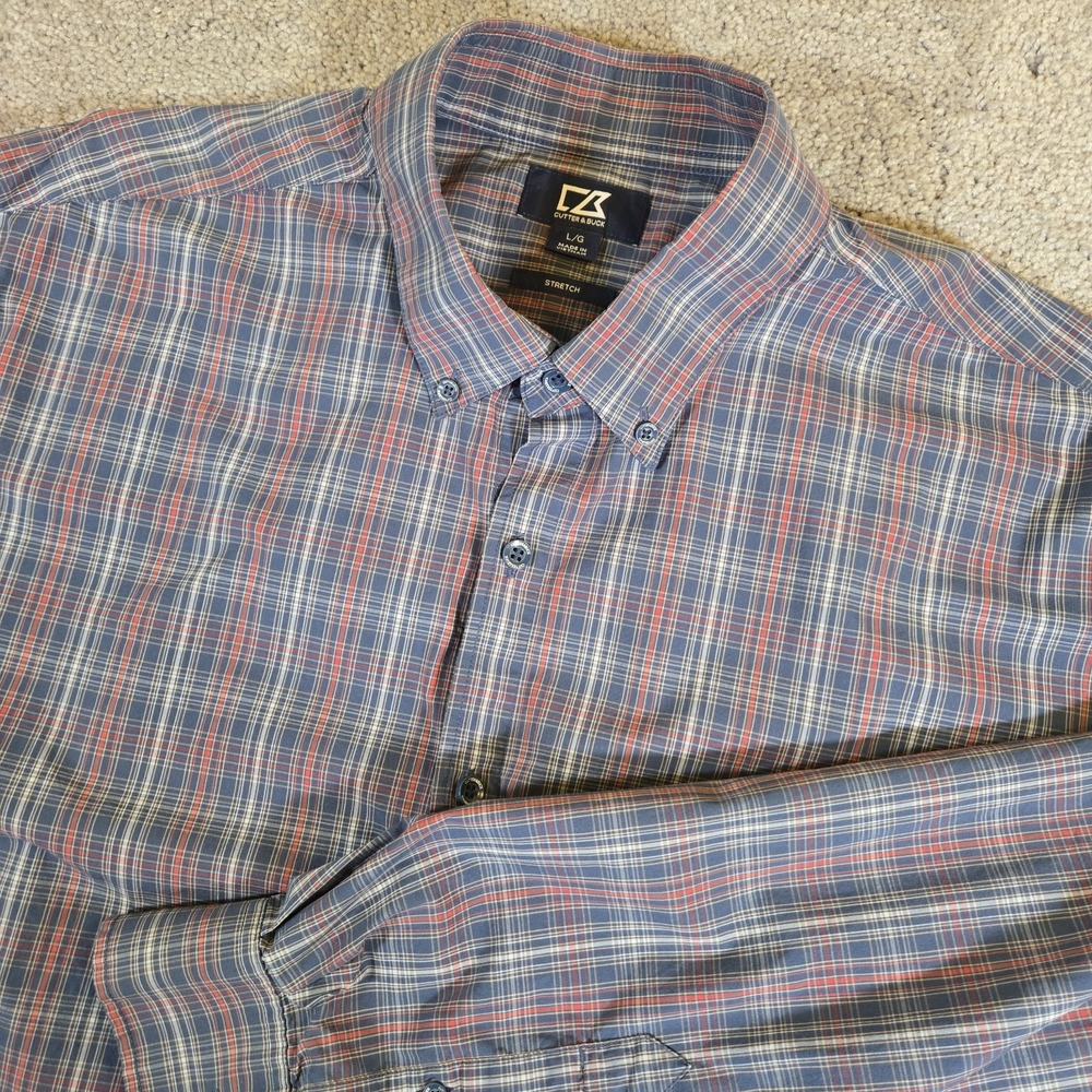 Cutter And Buck Stretch‎ Long Sleeve Button Down Size Lg Dress Shirt Red Plaid